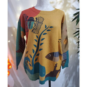 Oversized NWT Wool Fish Ocean Sea Life Knit Sweater Womens Size S Slouchy.